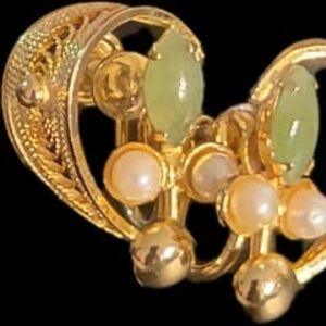 Gold Filled Vintage Cultured Pearl & Aventurine Filigree Screw-On Earrings